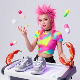 highly detailed portrait of a punk girl, pink hair, grey trainers with neon colored pills flying, tanning station, crab arms, geometric color splashes on top, saturation, symetrical composition, 1 9 5 0 illustration, paper collage, typography, caligraphy, golden and fire colors, art by leonardo da vinci, handmade, behance, art station, chemicals, drug related, blue palette, 8 k