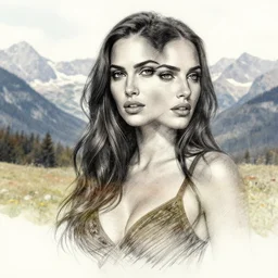 realism tattoo sketch of double exposure megan fox against a background of beautiful mountain scenery, in the style of andrey lukovnikov