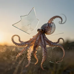 glass shards, irregular fractals of octopuses, golden hour, motion blur, distortion