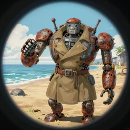 wholesome animation key shot, fish eye lens, intricate, trenchcoat explore rusty robot schwerer gustav!!!!, omaha beach, ambient occlusion, studio ghibli, pixar, disney concept art watercolor illustration by alena aenami, bloom!!! shiny, sorolla, dean cornwell, nc wyeth, satoshi kon