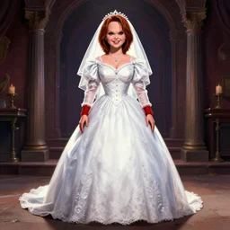 Bride of Chucky, full body,Wearing a wedding dress, ilustration, photo realistic