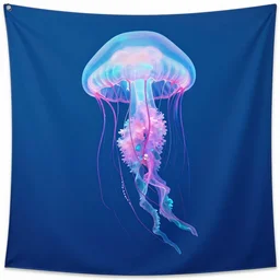 tapestry of jellyfish ascending from the bottom of the ocean, cyan and magenta,