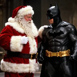santa claus fighting michael keaton batman. Film screencap, epic lighting, award winning