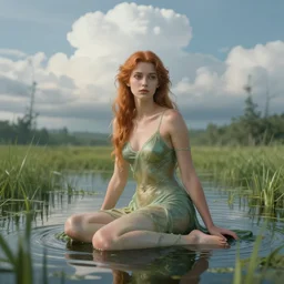 a beautiful portrait of a water nymph sitting in a swamp landscape, artstation, majestic clouds