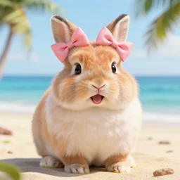 a photorealistic adorable chubby fennic fox rabbit hybrid, wearing bows on its fuzzy ears, with a mischievous grin, happy lighting, at a tropical beach