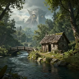 a shack in the woods near a river, little medieval bridge over river,!! eye of sauron in background!!, realistic, octane render, ultra detailed, artstation award winner
