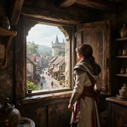 wet lush delicious view from standing inside the interior dingy wooden fort tower store room small window looking out at the bustling medieval town streets below atmospheric unreal engine hyperreallistic render 8 k concept art masterpiece screenshot from the video game assassin's creed odyssey 2 7 0 0 k global illumination
