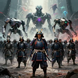 crow man japanese samurai warrior army, parade, apocalyptic scenery, star wars army robotic machines, gods, bio - mechanical intelligences, glitch creatures, dmt entity ; lsd art, trending on artstation, style greg rutkowski