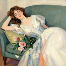 european woman in a gown laying on couch, close up, bloom flowers, modern, eclectic, illustration, by ramon casas