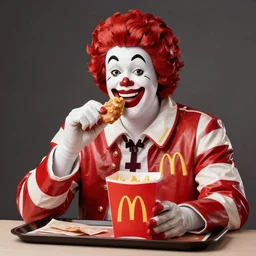 A still of Ronald McDonald eating at KFC, 4k, photograph, ultra realistic, highly detailed, studio lighting