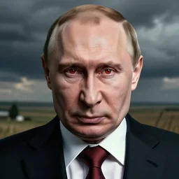 in the style of gottfried helnwein. an angry vladimir putin with yellow teeth and red eyes.
