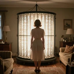 backlit photograph of young woman, standing in front of powerful dazzling orgone accumulator in 1 9 3 0's suburban living room, crisp focus, highly detailed, in roger deakins style, 4 k, ultra sharp