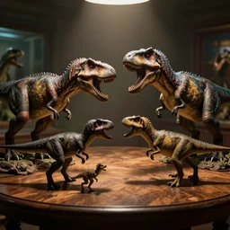 a closed terrarium of jurassic animals attacking each other on a wooden table, action scene, an epic fantasy, dramatic lighting, cinematic, extremely high detail, photorealistic, cinematic lighting, artstation, by christopher nolan, shadow of the tomb rider