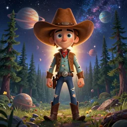 psychedelic, trippy, broken cowboy, pine forest, planets, milky way, cartoon by rob gonsalves