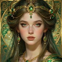 Katie Mcgrath as a celtic Goddess, beautiful detailed eyes, cute, fantasy, intricate, elegant, highly detailed, digital painting, 4k, HDR, concept art, detailed jewellery, smooth, sharp focus, illustration, art by Artgerm, H R Giger and Alphonse Mucha, green and gold