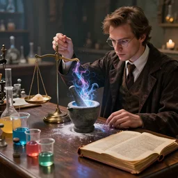 hyper real, table, wizards laboratory, tony sart, mortar, pestle, scales with magic powder, energy flowing, magic book, beakers of colored liquid