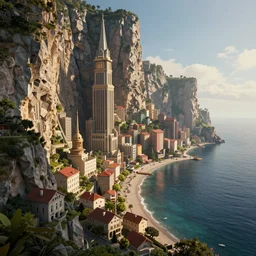coved harbor city, fantasy, cliffs, exquisite, volumetric lighting, 8 k octane beautifully detailed render, post - processing, extremely hyper - detailed, intricate, epic composition, cinematic lighting, masterpiece, trending on artstation, stunning art by caravaggio, by simonetti, beautiful cinematic light