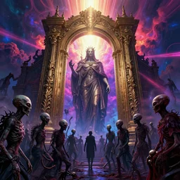 [ palate ] [ vibrant gothic colors ] tormented alien souls congregating at giant bronze gateway, god figure waiting behind the gate, vibrant neon nebulous clouds, hyper realistic illustration, radiant light rays, photorealistic illustration, intricate and fine details, volumetric lighting, artstation