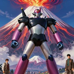 movie still frame, go nagai japanese giant armored shin great mazinger z in full epic pose, a psychedelic mount fuji eruption in the background, intricate details, beautiful composition, 8 k, cgi, by ridley scott, james cameron, zack snyder and michael bay
