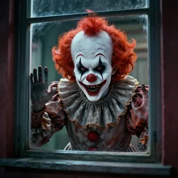 scary clown looking through your window, highly detailed, 8 k, hdr, smooth, sharp focus, high resolution, award - winning photo
