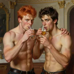 attractive muscular mike with ginger hair with attractive tyler with brunet hair, drinking their hearts out, in their noble mansion. highly defined painting, highly detailed painting by gaston bussiere, craig mullins 8 k