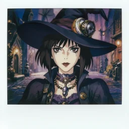a full body polaroid portrait of a 1 9 4 0's woman's hair dieselpunk witch, finely detailed features, closeup at the faces, perfect art, at an ancient city, gapmoe yandere grimdark, trending on pixiv fanbox, painted by greg rutkowski makoto shinkai takashi takeuchi studio ghibli, akihiko yoshida,