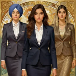 a beautiful illustration of one young brazilian woman wearing an office suit one young sikh woman wearing an office suit one young spanish woman wearing an office suit and one young hyderabadi woman wearing an office suit, office suits, intricate, sharp focus, illustration, highly detailed, digital painting, concept art, matte, art by wlop and artgerm and greg rutkowski and alphonse mucha, masterpiece
