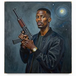 Malcolm x holding an uzi painting by android jones in the style of cosmic christ by alex grey