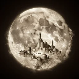 exploding moon planet, civilisation, sepia
