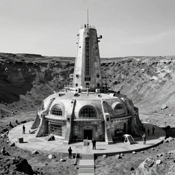 cinematic image of a large lunar base inside a crater, brutalist architecture, 1950s sci-fi, art by greg rutkowski and ruan jia and Daytoner