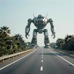 photo of freeway with a giant robot in the distance, canon ae - 1, dystopian, simon stalenhag,