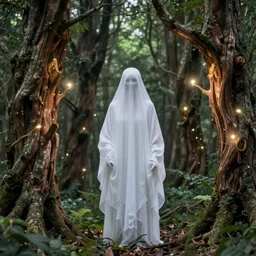 a ghost lady of the forest with wood spirit in the trees with will o the wisp, photorealistic, by wlop, 4 k resolution h 7 6 8