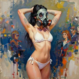 greg manchess portrait painting portrait of cosplay model girl, casshern styled mask respirator on mouth, tattoos, hands up behind head, in white bikini, by ashley wood, yoji shinkawa, jamie hewlett, 6 0's french movie poster, french impressionism, paint drips, dry brush background colors, palette knife and big brushes, concept art, profile picture, organic painting, matte painting, bold shapes, hard edges