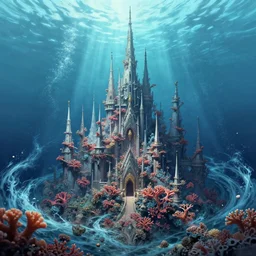 style artgerm, joshua middleton, jeremy lipking, a castle of coral, very long spires, water swirling, detailed, ocean background setting, volumetric lighting
