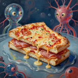 an extremely high quality hd surrealism painting of a 3 d perspective neon complimentary - colors cartoon surrealism melting sculptural cast glass biological anatomical zaha hadid dripping pizza sandwich by a much more skilled version of kandinskypicasso and salvia dali the third, salvador dali's much much much much more talented painter cousin, 8 k, ultra realistic, very realistic, nerves, veins, neurons
