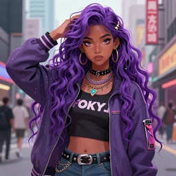 character design of a punk rock desi college student, long wavy purple hair, indian girl with brown skin, tokyo fashion, detailed character art, girly, concept art, portrait, japanese streetwear, dramatic pose, shoujo character design, character art, femme, urban, vibrant, highly detailed, Akihiko Yoshida