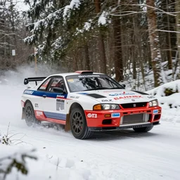 a 1 9 9 3 mine's skyline gt - r, racing through a rally stage in a snowy forest
