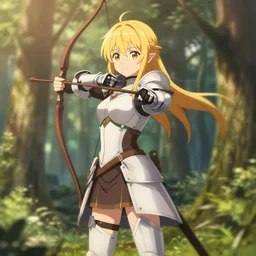 isekai beautiful anime girl armored elven archer standing in forest. cute face. aesthetic, golden ratio. beautiful lineart, depth focus, rankings pixiv, artstation, soft lighting, artistic pose, artstation, character concept, cinematic, motion blur, chromatic abberation. by trent kaniuga, kienan lafferty