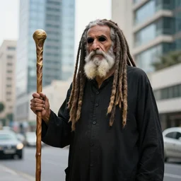 blind bearded egyptian old man in modern city, long dreadlocks, worn black clothes holding a staff, dlsr photo