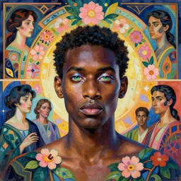 beauteous dark skinned man with iridescent eyes. bright pastel colors. by annie swynnerton and elihu vedder and lucien freud and jean delville and diego rivera. symbolist. dramatic lighting. elaborate geometric ornament. flowers and leaves. art brut. sharp focus. extremely detailed. adolf wolfli. nicholas roerich