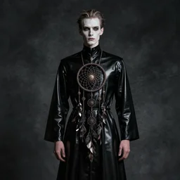 a tall thin man with pale skin, nordic, in black latex robes, wears a dreamcatcher, chiaroscuro by frank miller and bill sienckiwicz