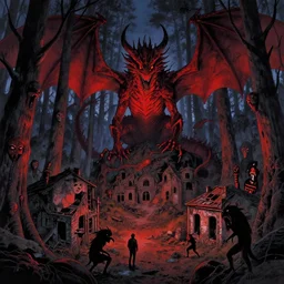 a landscape of a forest at hell by takeshi obata and mike mignola, hell, dragons, red and black colors, colors, abandoned buildings, forest with trees with faces, small demons, shadows screaming, night sky, highly detailed, cgsociety, artstation, very detailed