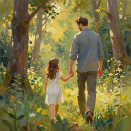 A painting of a father and daughter walking through a beautiful forest holding hands, brunette hair, golden hour, art by Kenne Gregoire and Krenz Cushart, Norman Rockwell trending on artstation