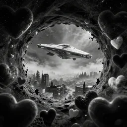abstractified black and white hearts in a cosmic wormhole town overlooking from afar, we see above the shredded oblivion veil a clear view of a futurepunk starship in the style of tron legacy, hyperrealism, concept art, ominous, darksynth, neon magical vaporwave, thomas cole kinkade, fog in the trees, by edvard munch and denis villeneuve, dramatic lighting, 8 k octane render