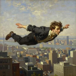 classical painting of a young man flying through new york city. his hands stretched to the side. the city is alive beneath him.