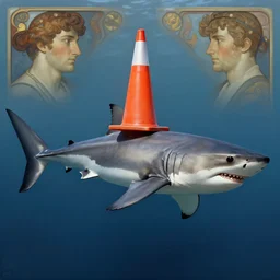 great white shark, side view, with an orange traffic cone on its dorsal fin - ron cheng & alphonse mucha, highly detailed, digital painting, ray tracing, concept art, illustration, smooth sharp focus, intricate, symmetry, artstation,