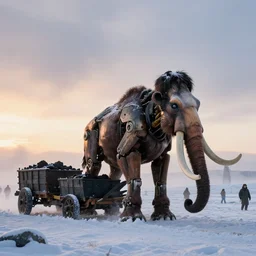 “photo of one biomechanical mammoth/wagon/mamouth in an arctic storm with fog and blizzard, the mammoth drags old gigantic coal wagons with snow, it's a sunset photo with cold tones, some people around ”