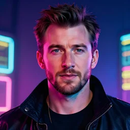 cyberpunk, neon lights, dramatic lighting, a colorful close - up studio photographic portrait of chris evans by steve mccurry
