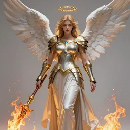 hyper-realistic, beautiful! female angel wearing ((toga)) + gilded armor!! wielding fire! lance!!! divine, powerful, body aura, pixiv, highly detailed, heavenly
