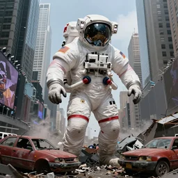 american white spacesuit chubby astronaut in giant postapocalyptic abandoned destroyed times square, wrecked buildings, destroyed flipped wrecked cars, by frazetta